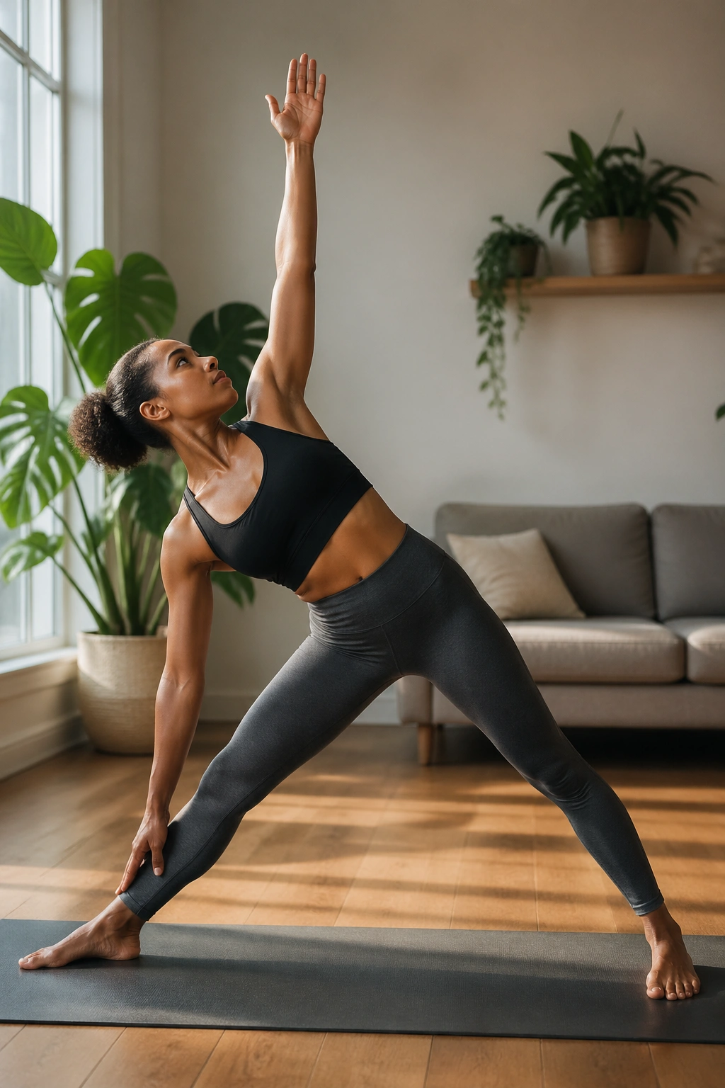 Triangle Pose shown by a real person in a sunlit room demonstrating length and stability