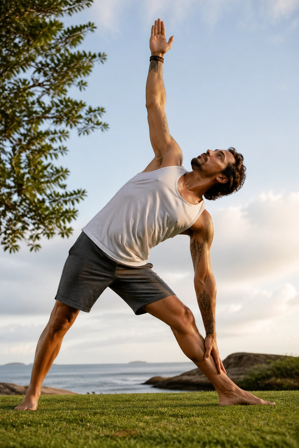 Real person in Triangle pose outdoors with torso rotated and top arm raised