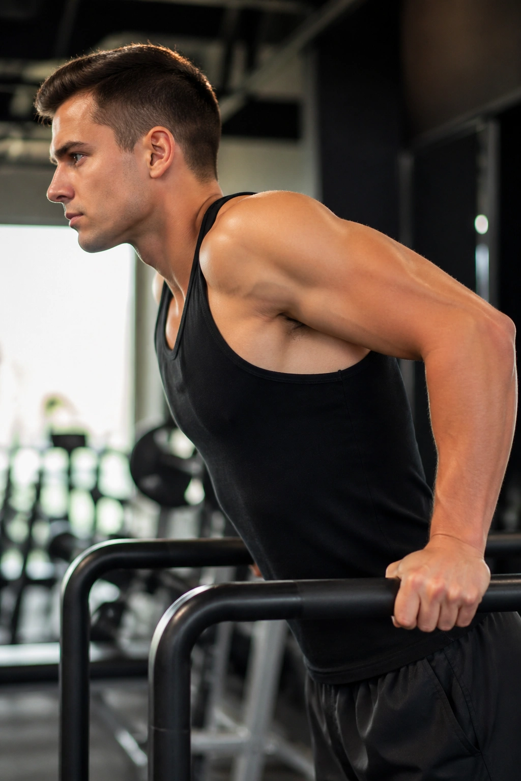 Close-up of a person performing triceps dips on parallel bars.