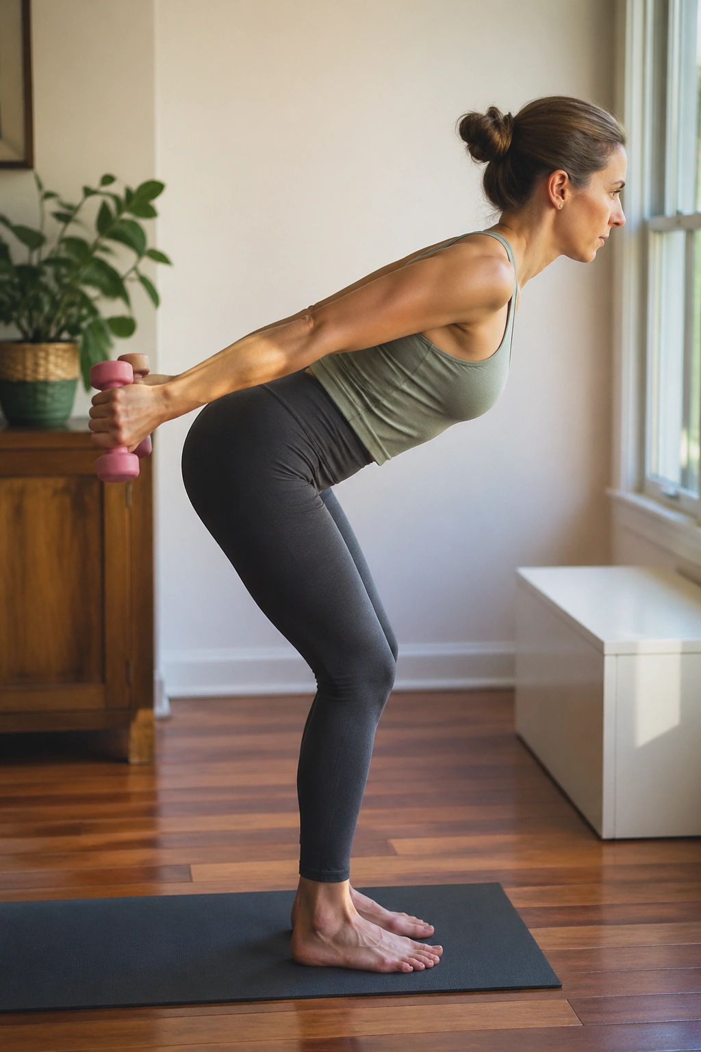 Side view of a person performing triceps kickbacks with a long spine