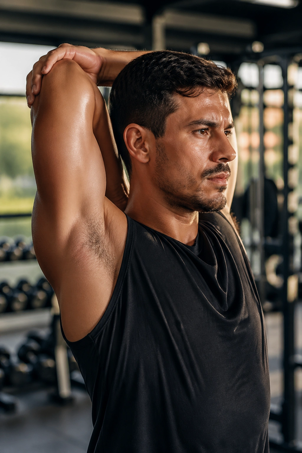 Close-up of a person performing triceps sweep in a gym