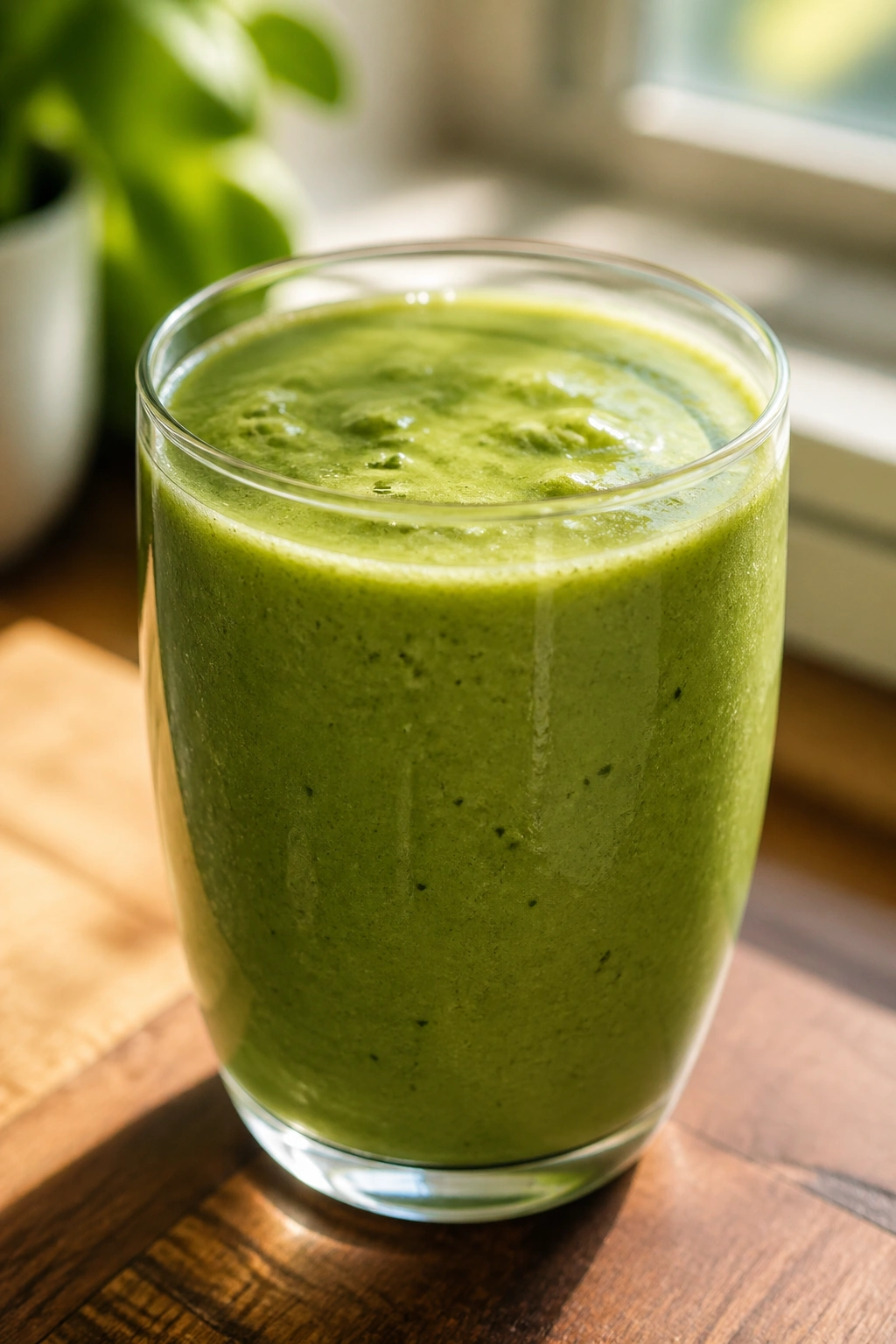 Close-up of Tropical Green Protein Smoothie in a glass on a wooden counter.