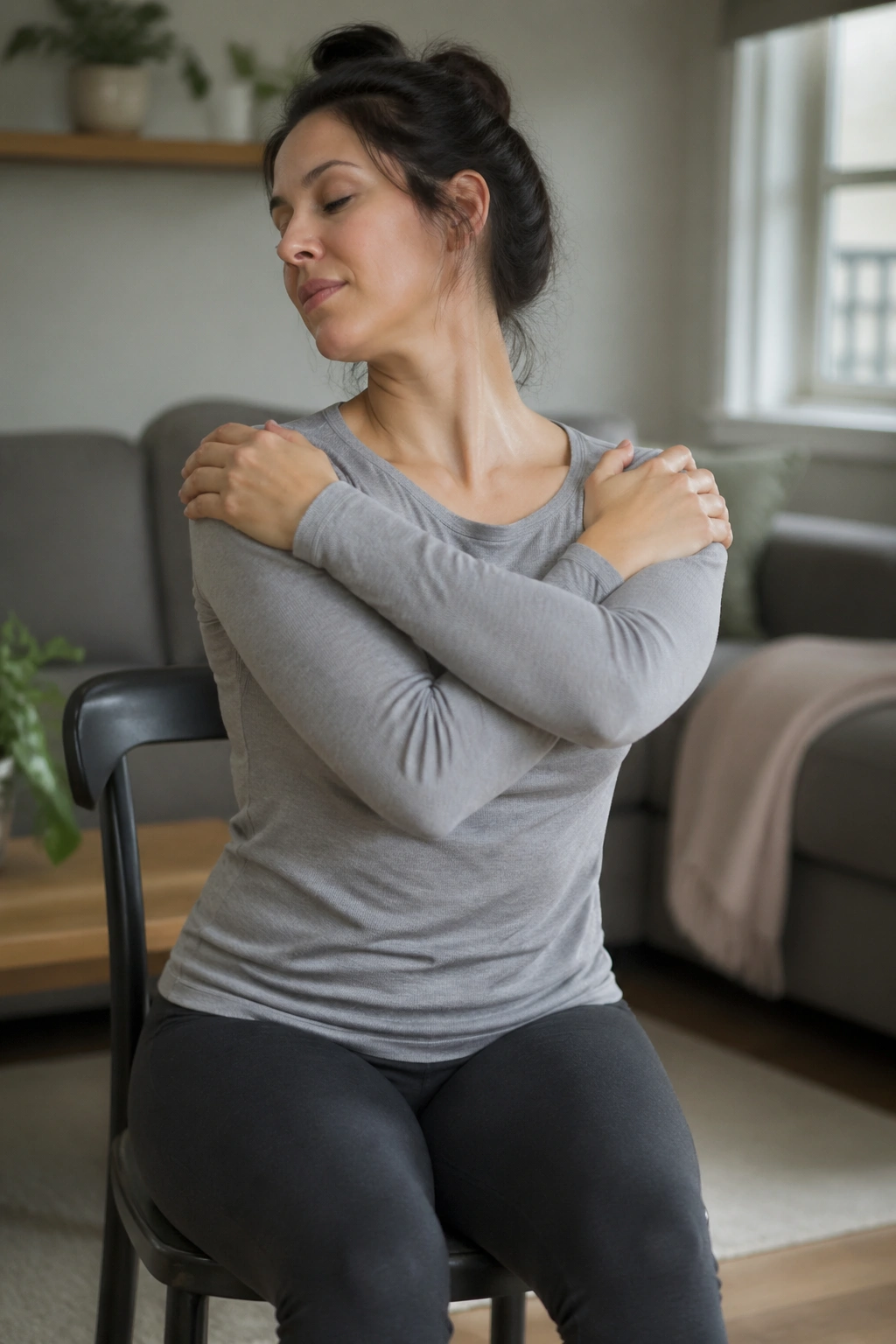 Portrait of a real person performing seated trunk rotations and neck resets in a living room