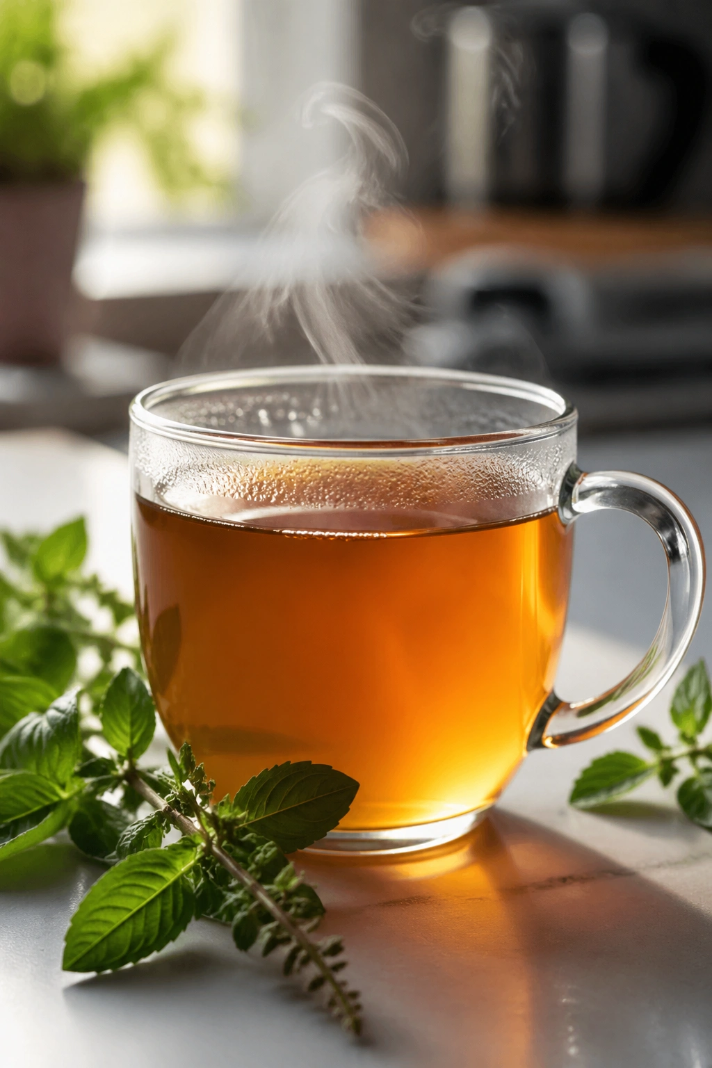 Close-up of a steaming tulsi tea in a mug on a kitchen counter