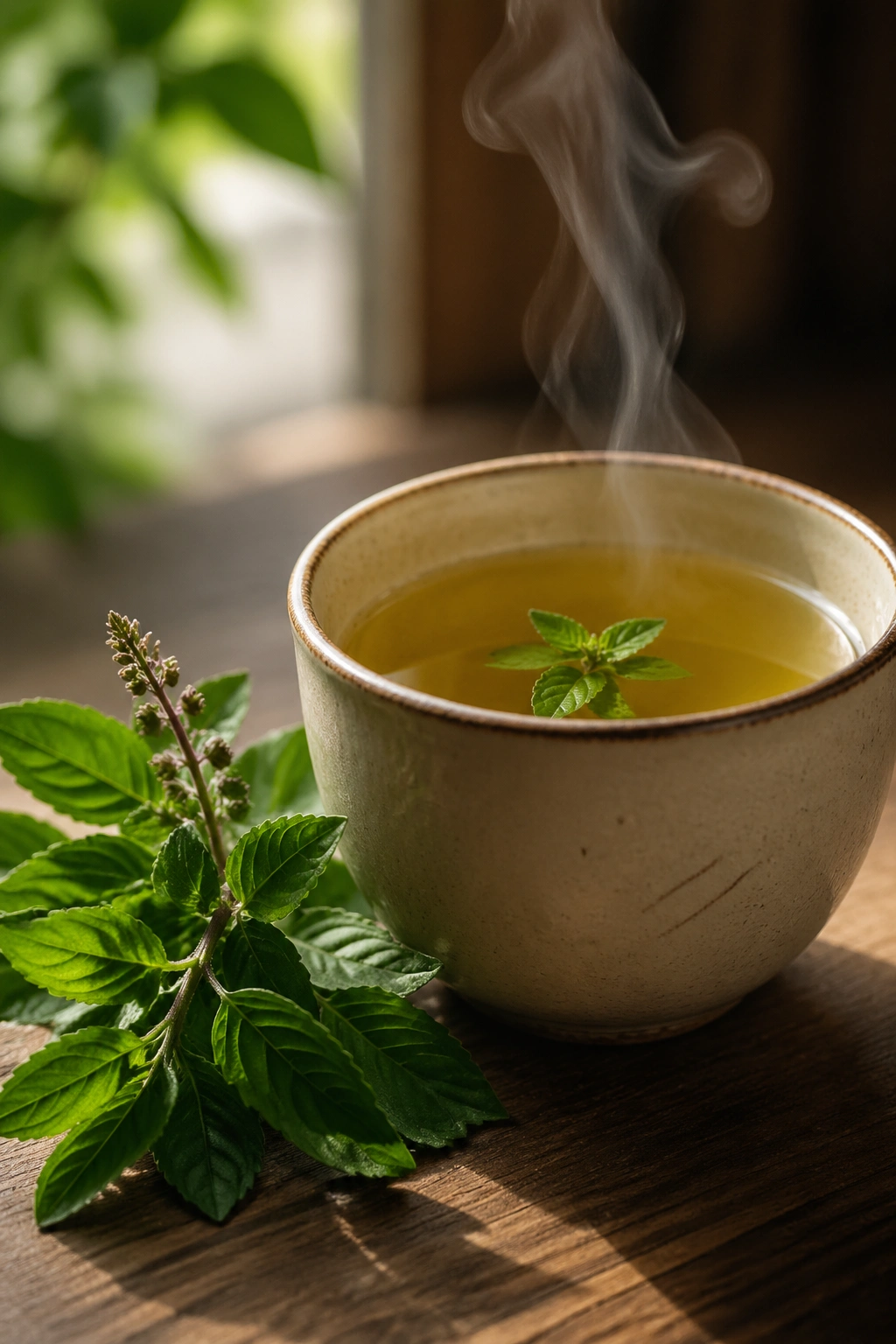 Close-up of a tulsi tea cup with fresh tulsi leaves on a wooden table.