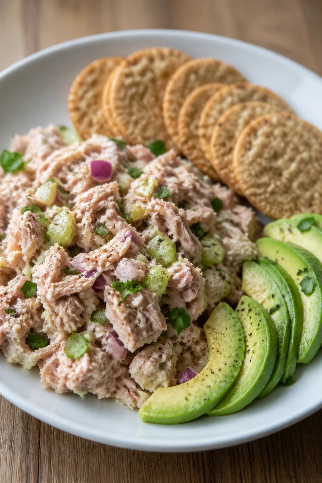 Close-up tuna salad with avocado and crackers on a wooden table.