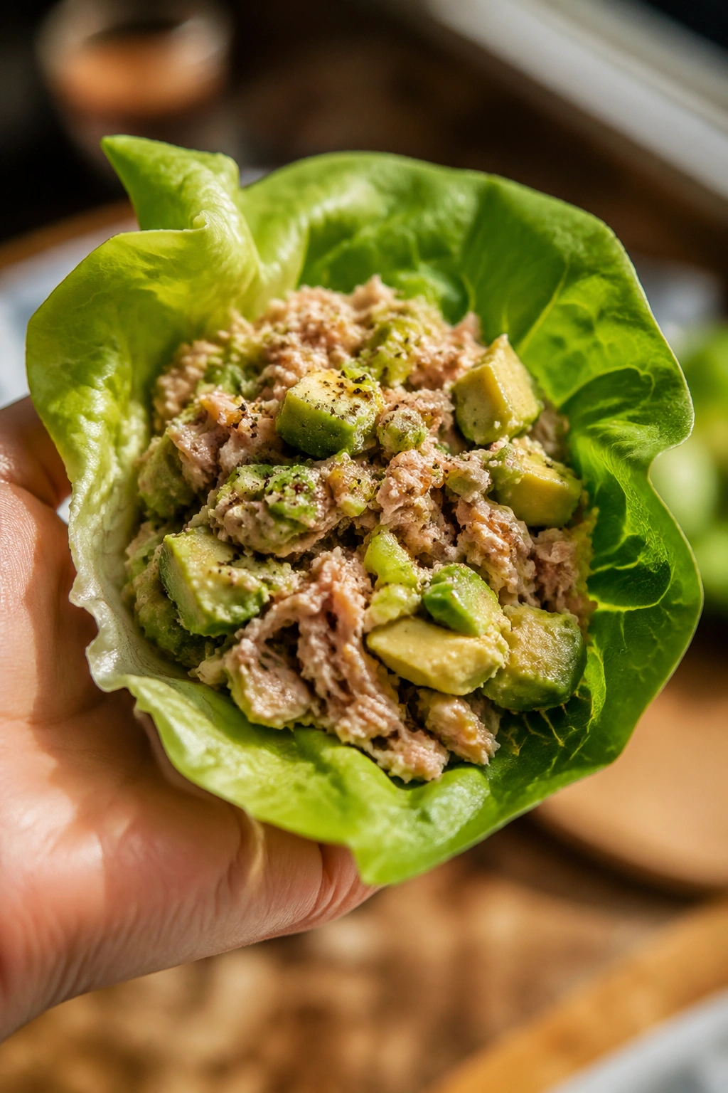 Close-up of tuna avocado lettuce cup on a kitchen counter.