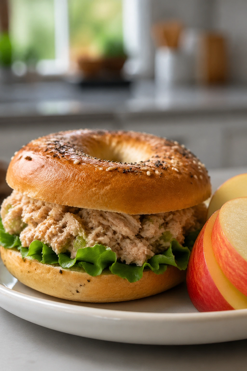 Close-up tuna bagel sandwich with apple on the side