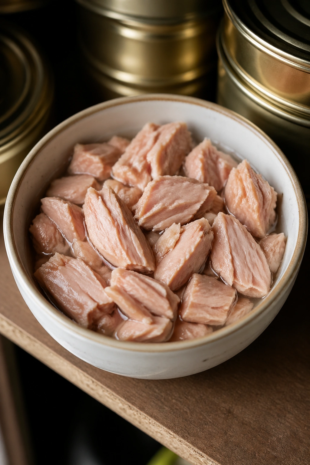 Tuna flakes in water in a small bowl on a pantry shelf