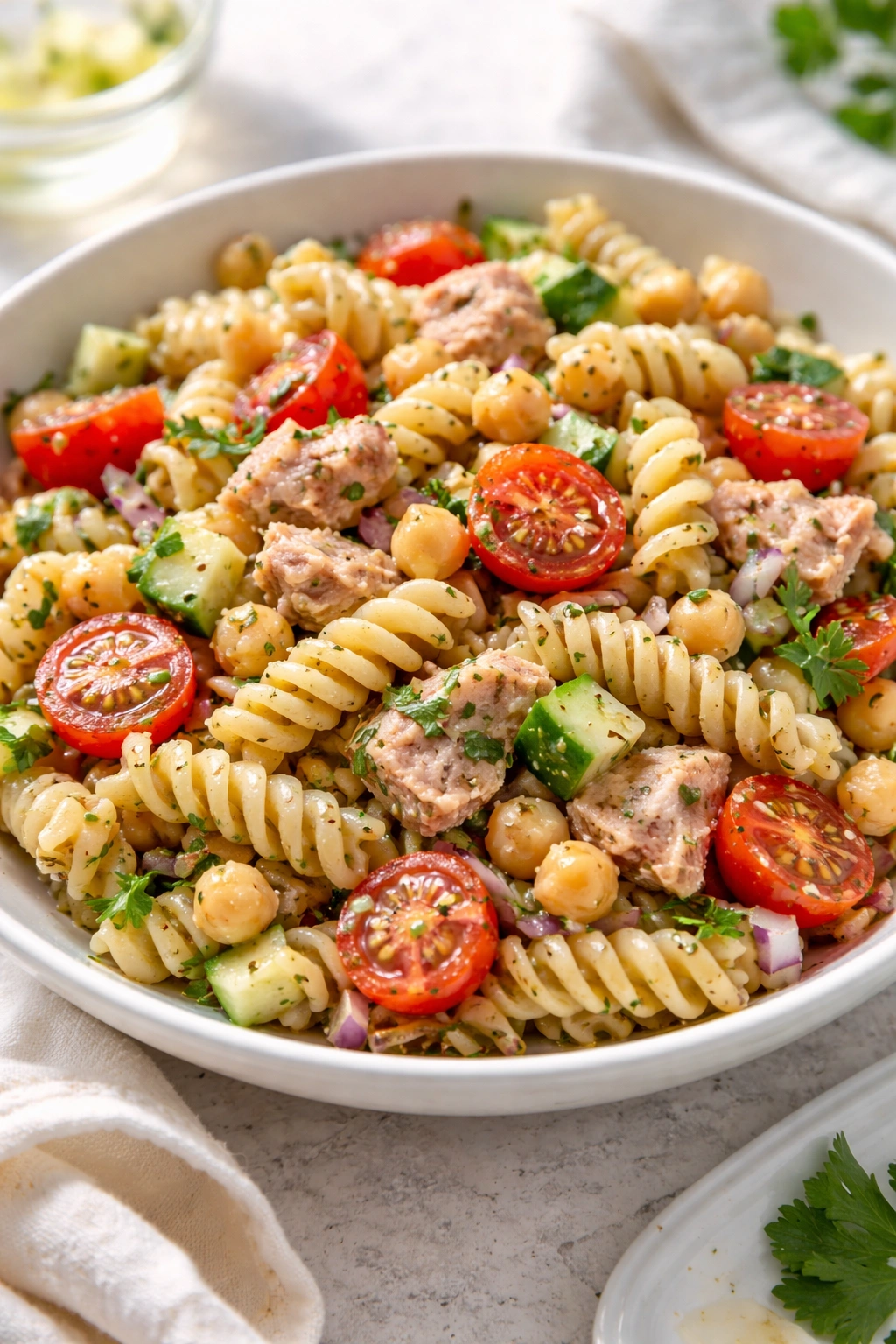 Close-up of tuna chickpea pasta salad in a bowl