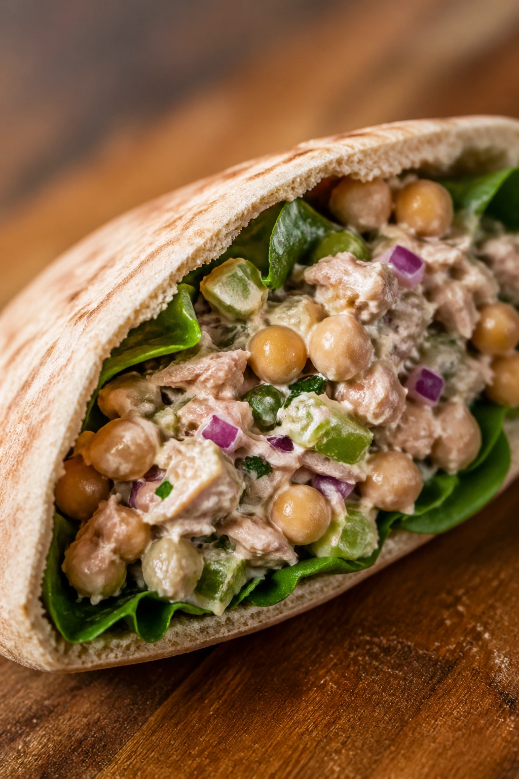 Close-up of tuna chickpea salad pita on a wooden board, handheld lunch.