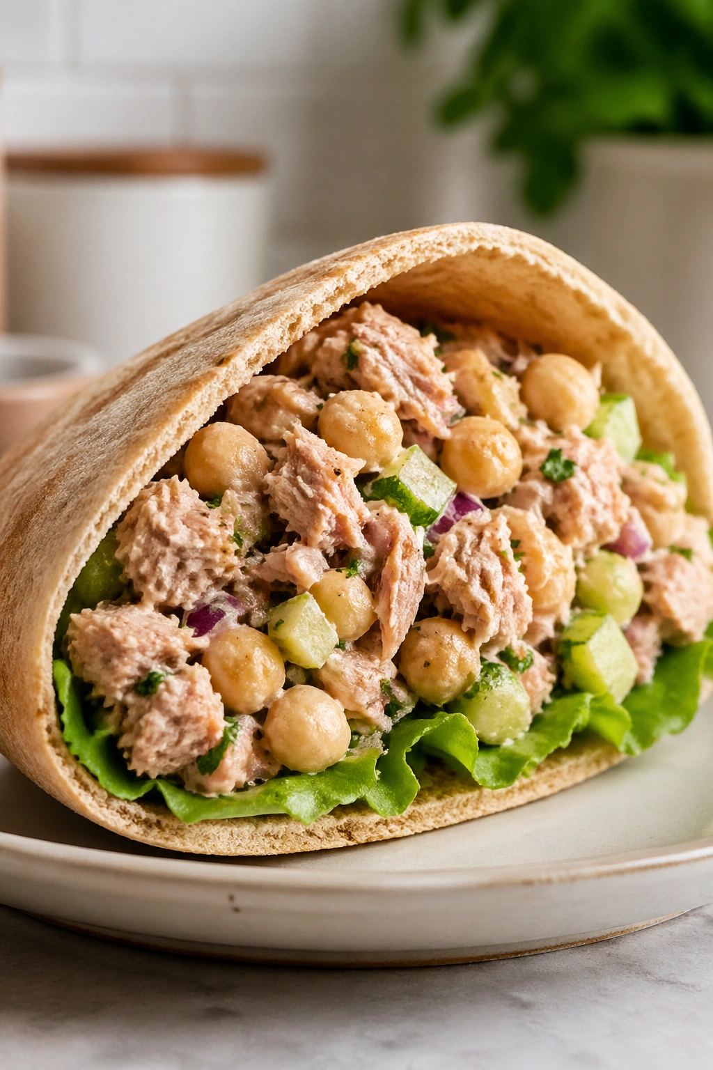 Pita stuffed with tuna-chickpea salad on a plate