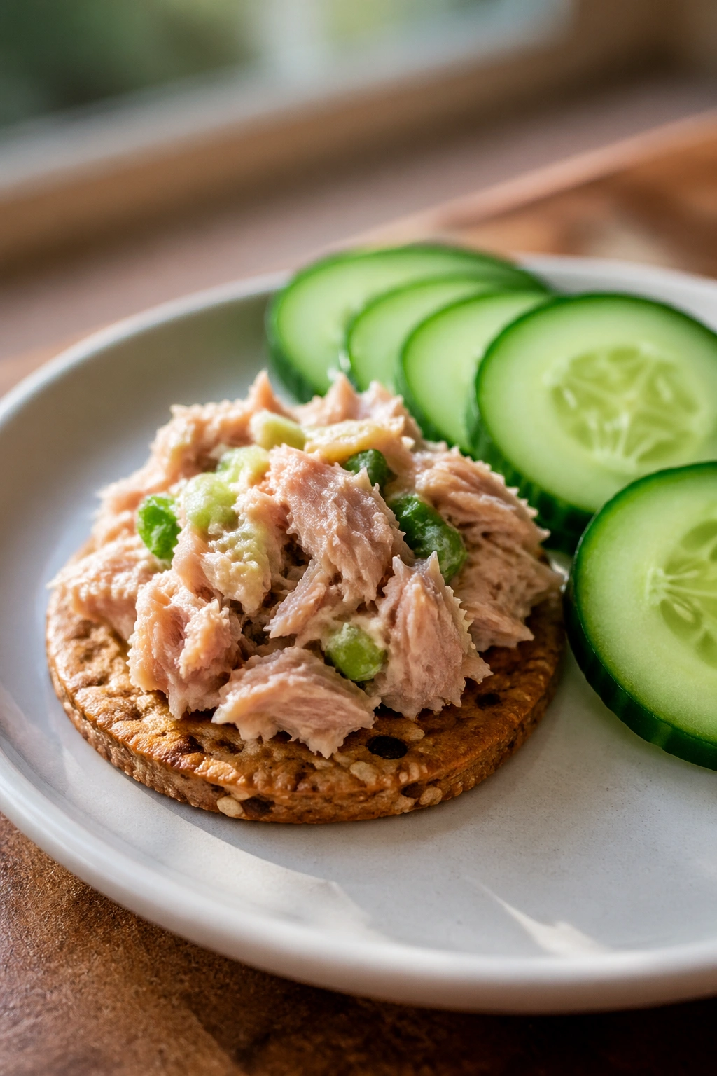 Close-up of tuna on crackers with cucumber slices for a high-protein pre-workout snack