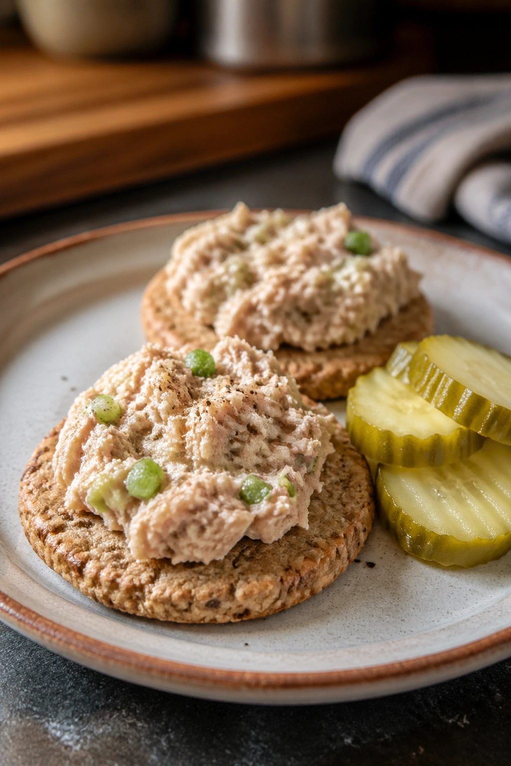 Close-up of tuna crackers with tuna spread and pickle slices on a plate