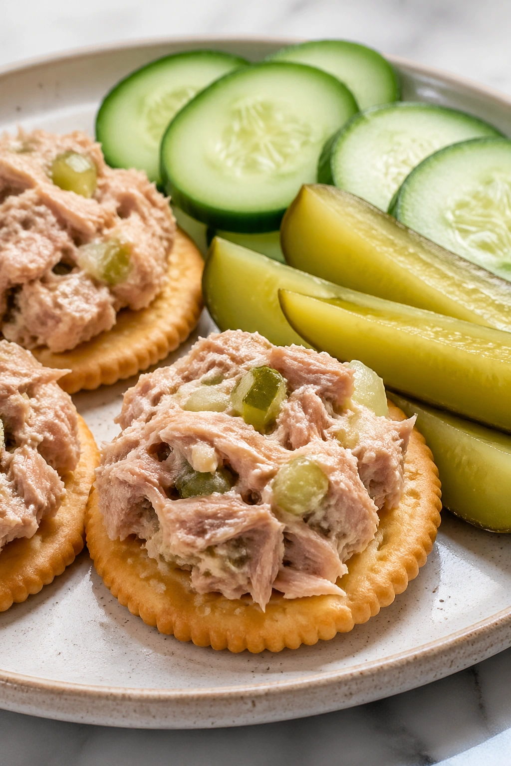 Tuna on crackers with pickles and cucumbers on a plate in a bright kitchen