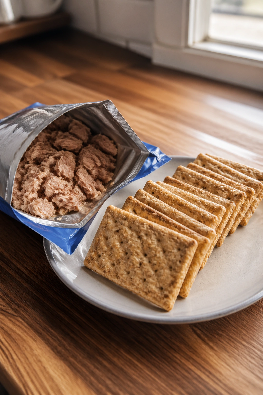 Close-up of tuna packet with crackers on a wooden counter, post-workout snack