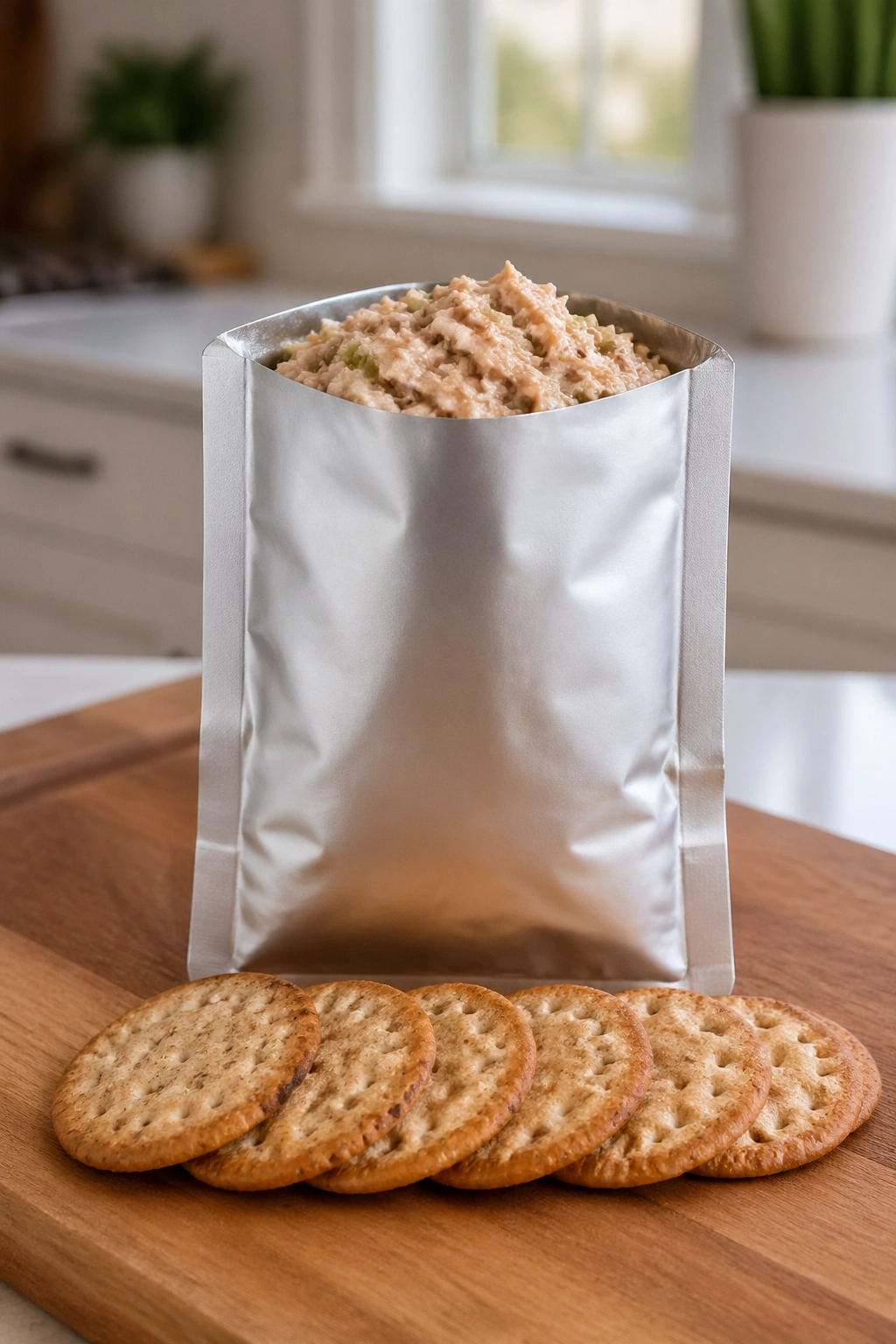 Close-up of unlabeled tuna pouch with crackers on a wooden surface.