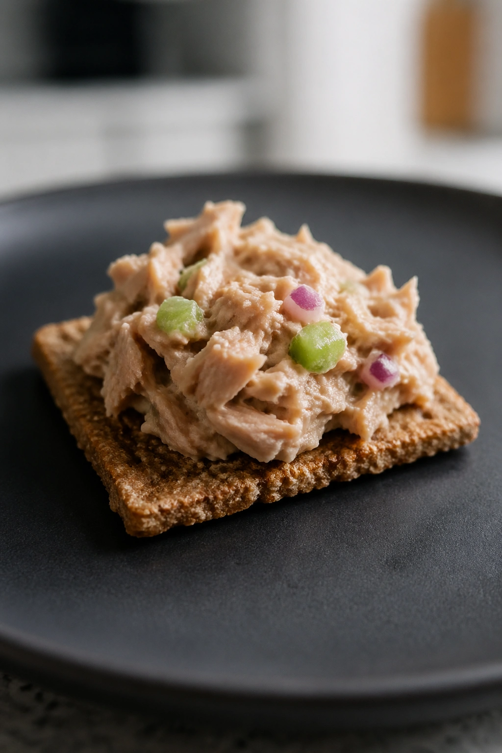 Close-up of a tuna-topped whole-grain cracker on a plate