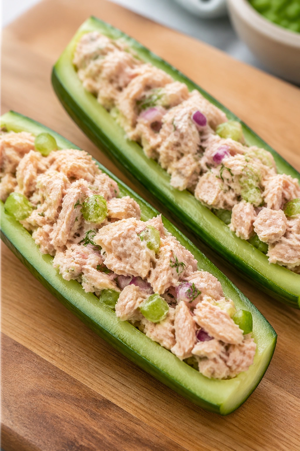 Two cucumber boats filled with tuna on a cutting board