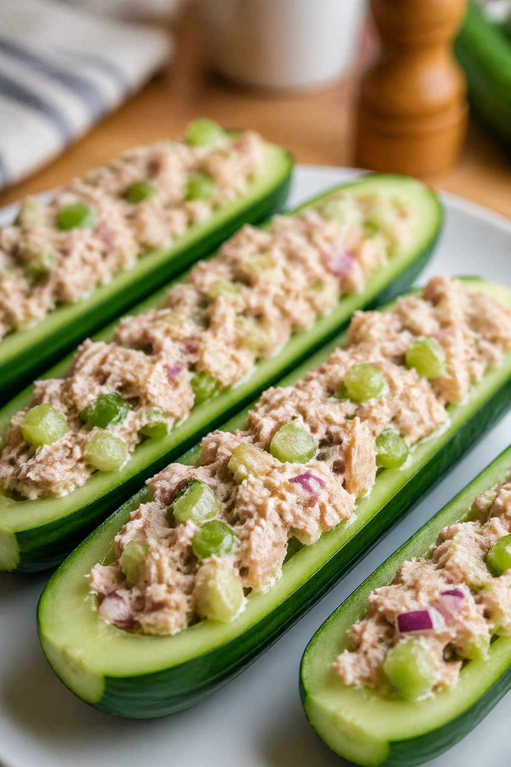 Close-up of tuna-filled cucumber boats on a clean surface
