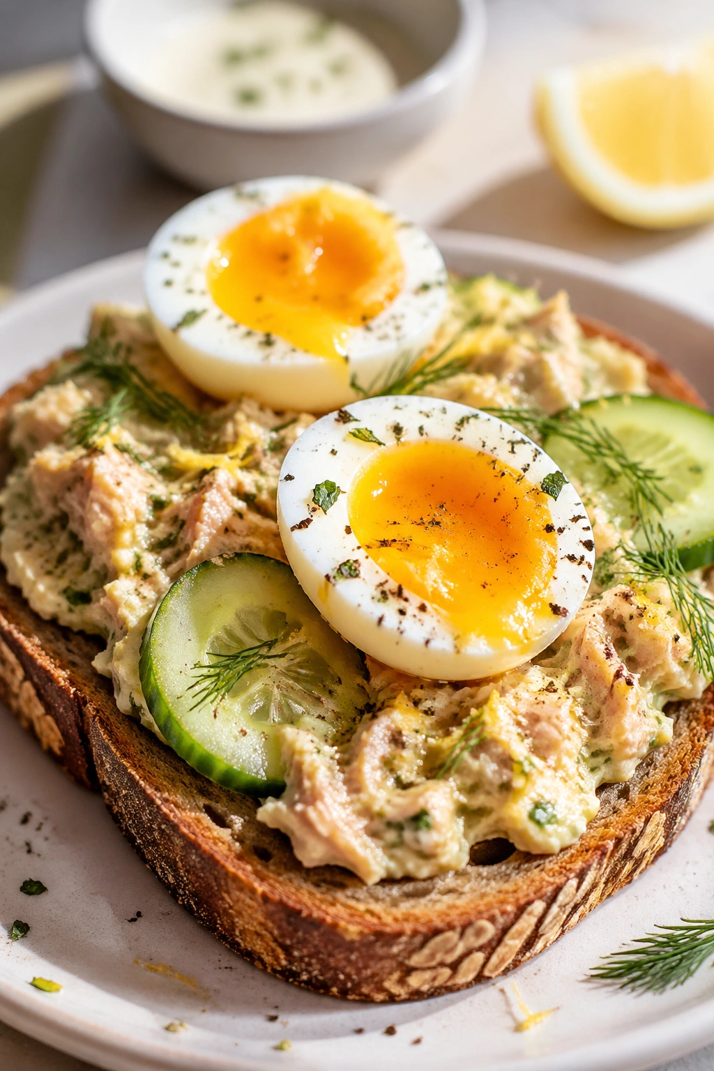 Toast topped with tuna yogurt mix, eggs, and cucumber