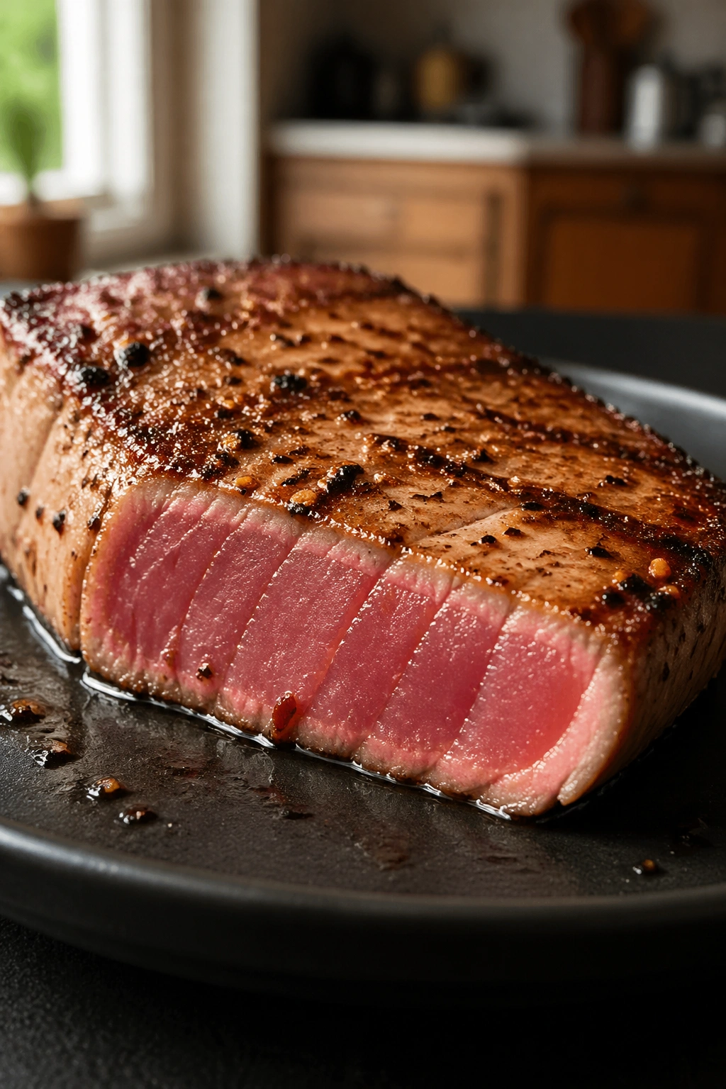 Close-up of a seared tuna steak on a dark plate in a kitchen