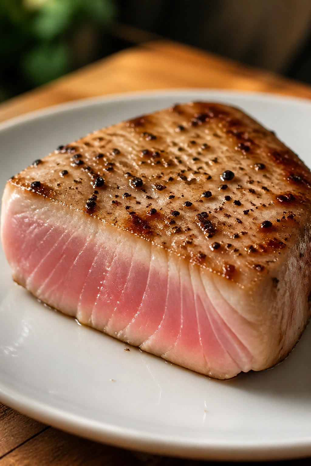 Close-up of a cooked tuna steak on a plate with plain background