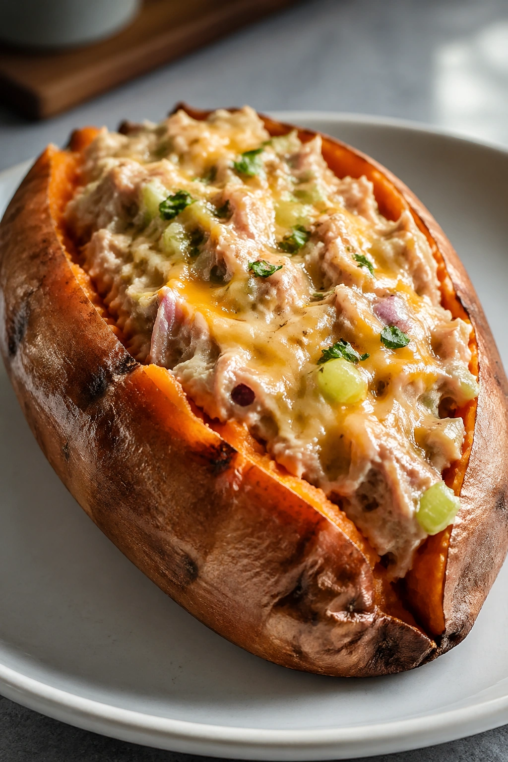 Close-up of tuna melt stuffed sweet potato on plate in kitchen