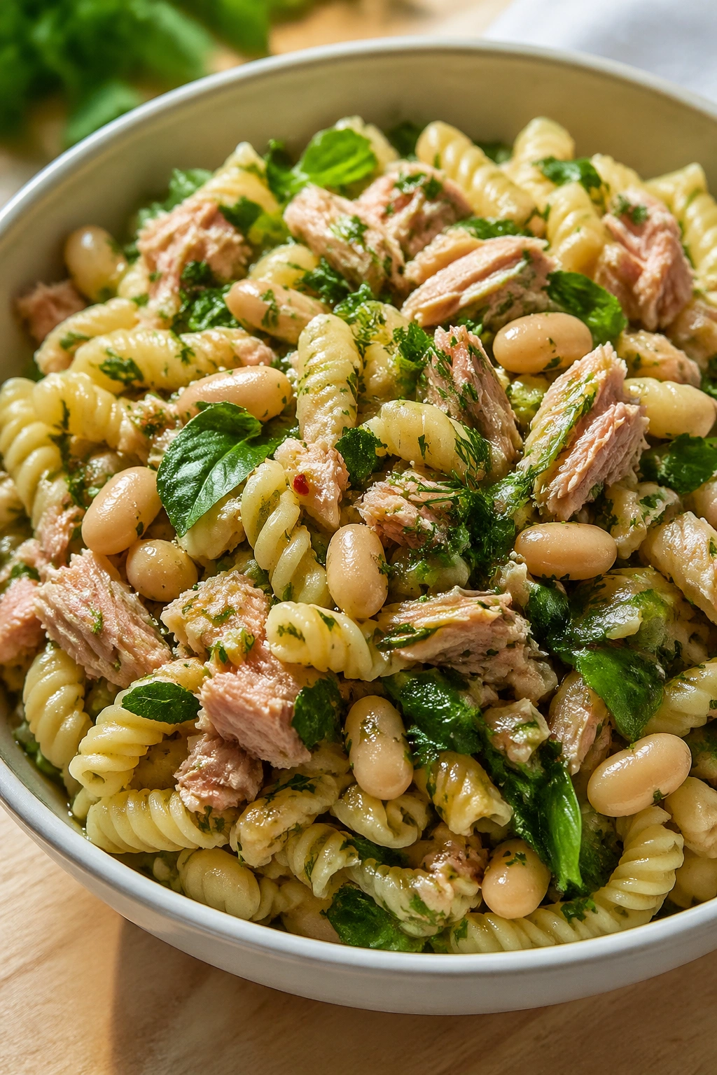 Close-up of tuna and white bean pasta salad with herbs in a bowl on a wooden table