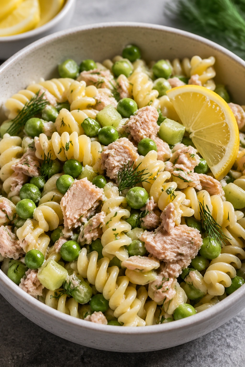 Close-up of tuna pasta salad with lemon and dill in a bowl.