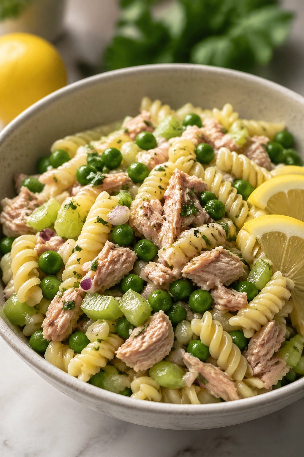 Medium close-up bowl of tuna pasta salad with peas and celery