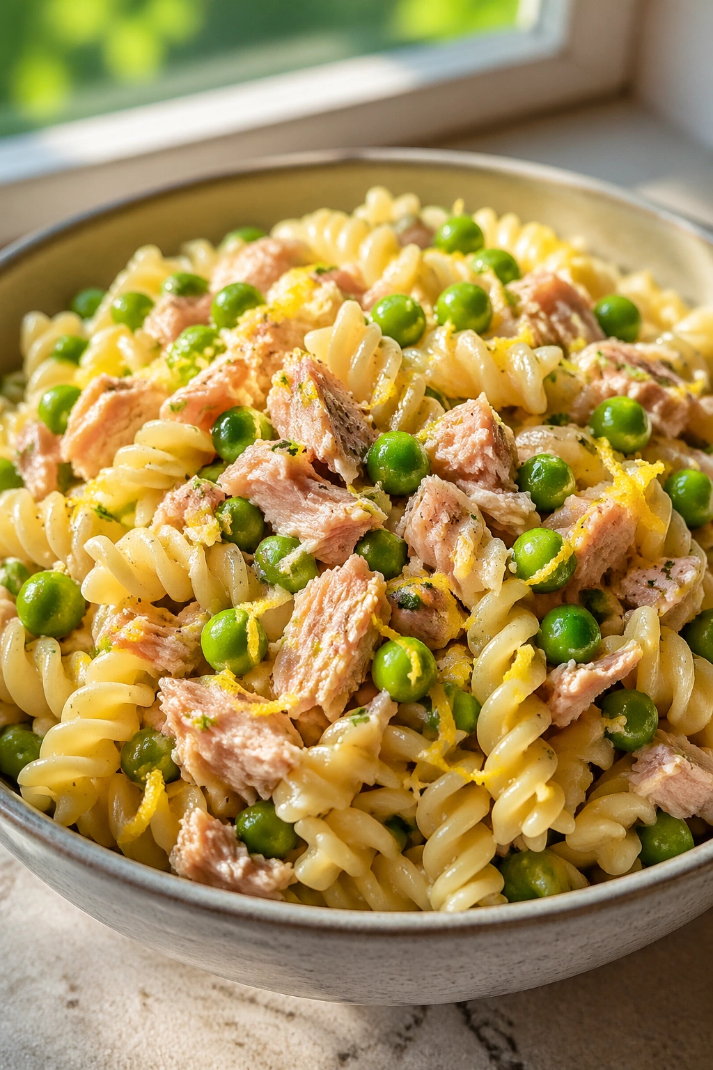 Close-up of Tuna Pasta Salad with Peas and Lemon in a rustic kitchen setting