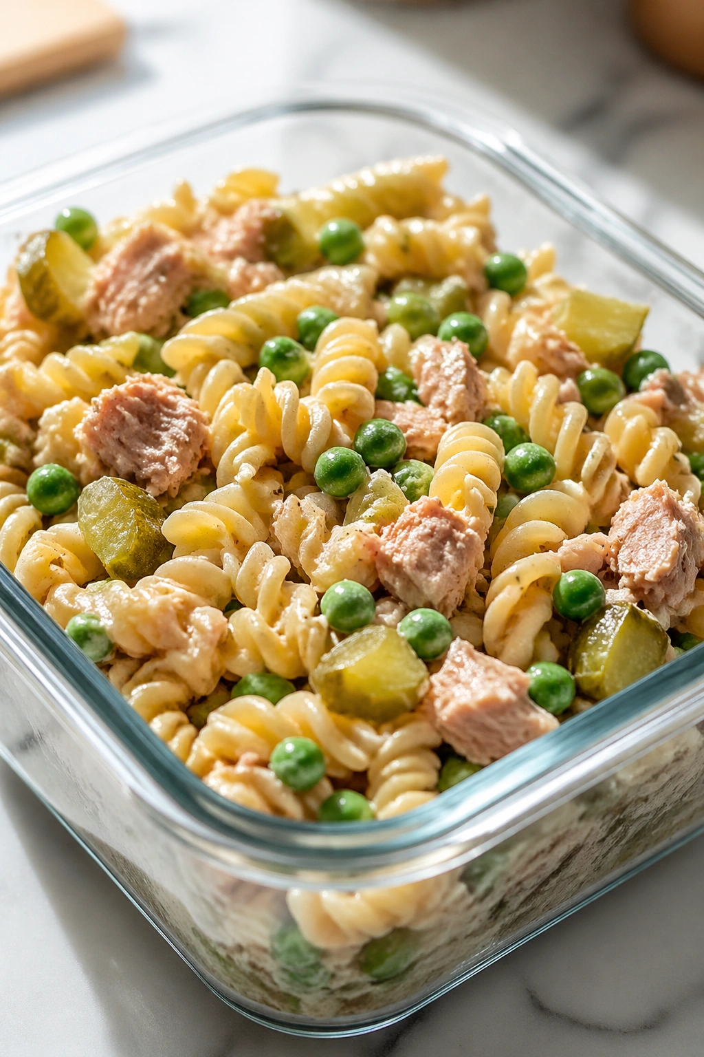 Close-up of tuna pasta salad with peas and pickles in a glass container on a kitchen counter