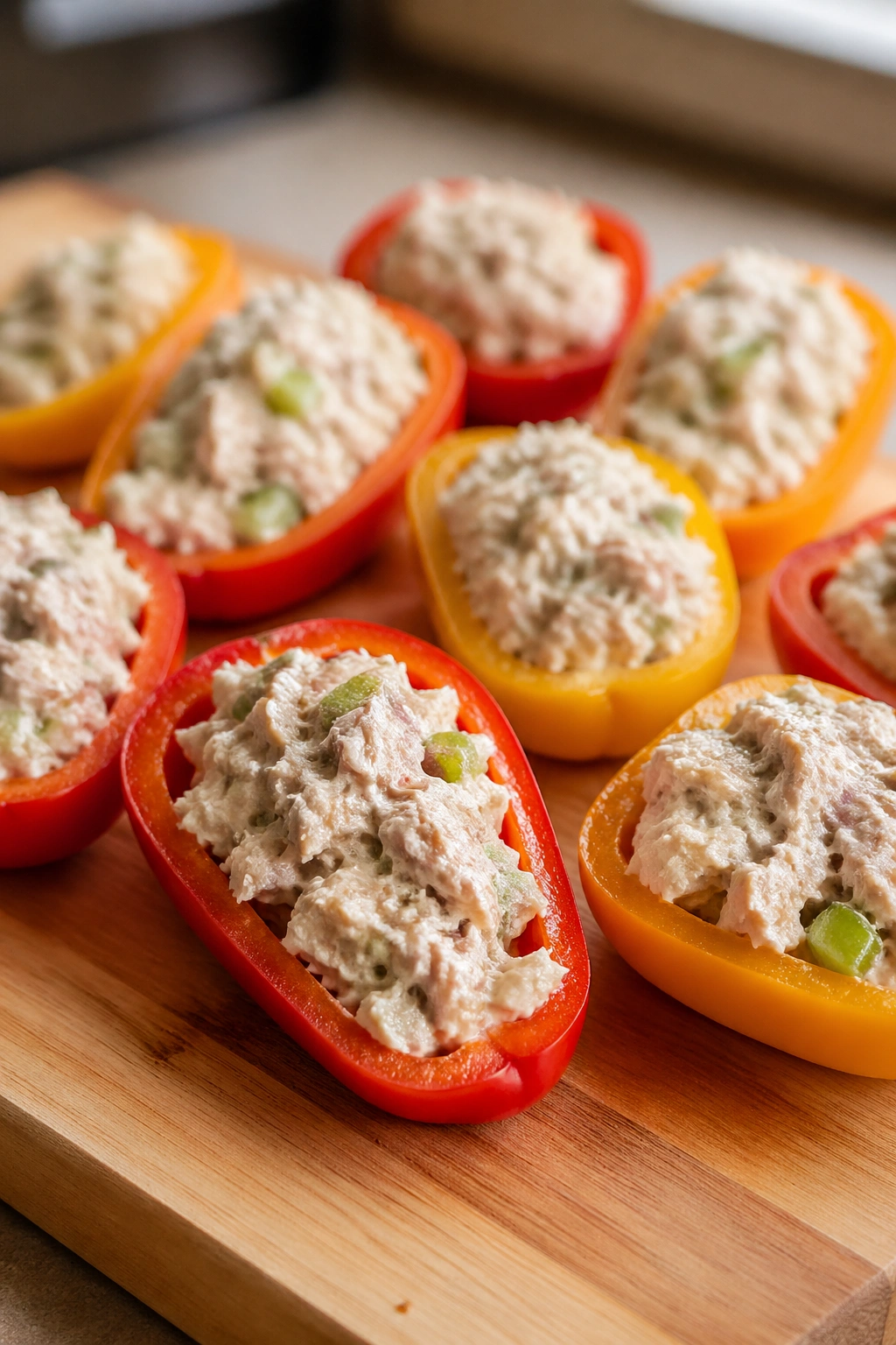 Close-up of tuna salad stuffed mini bell peppers on a wooden cutting board