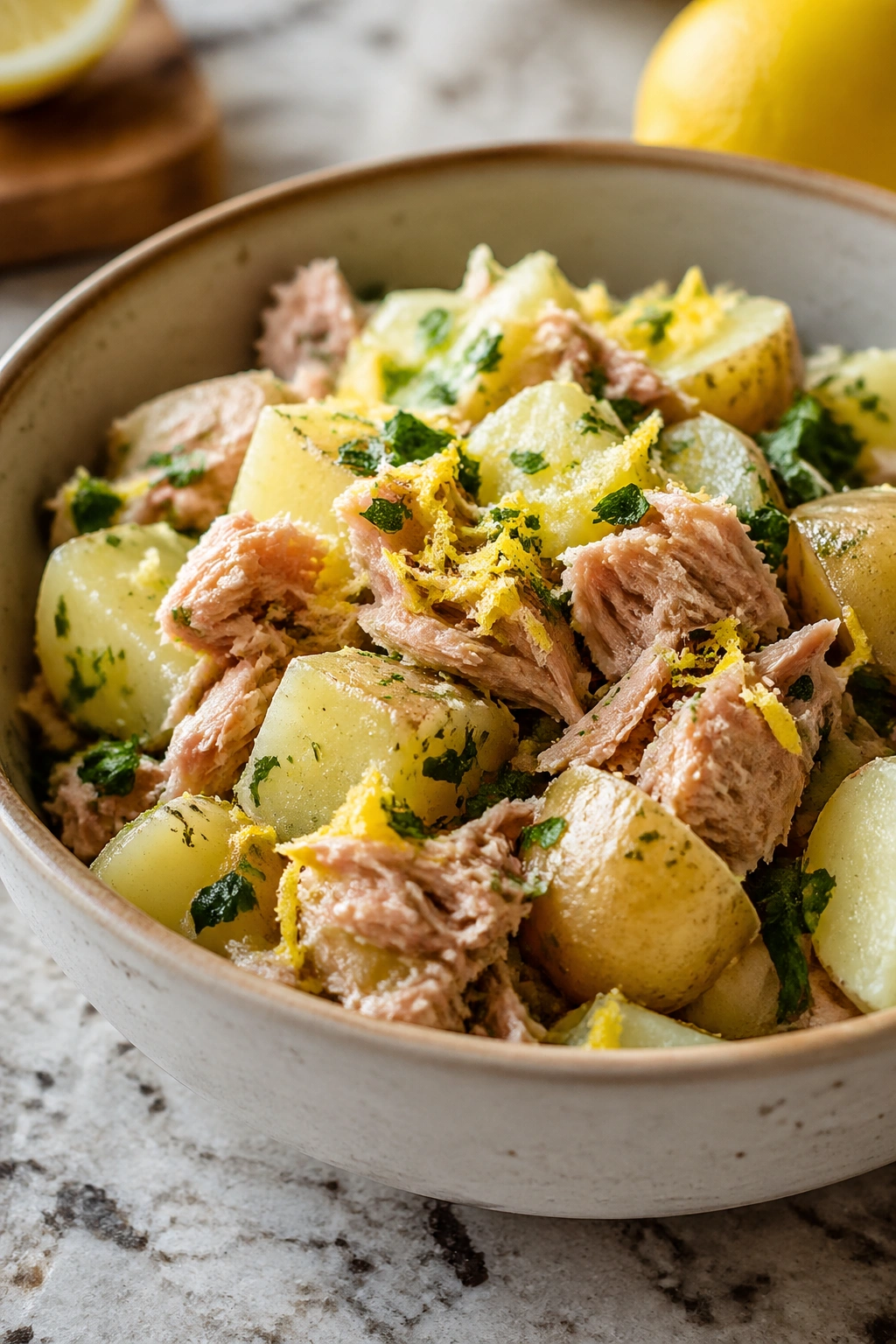 Tuna and potato bowl with lemon and herbs