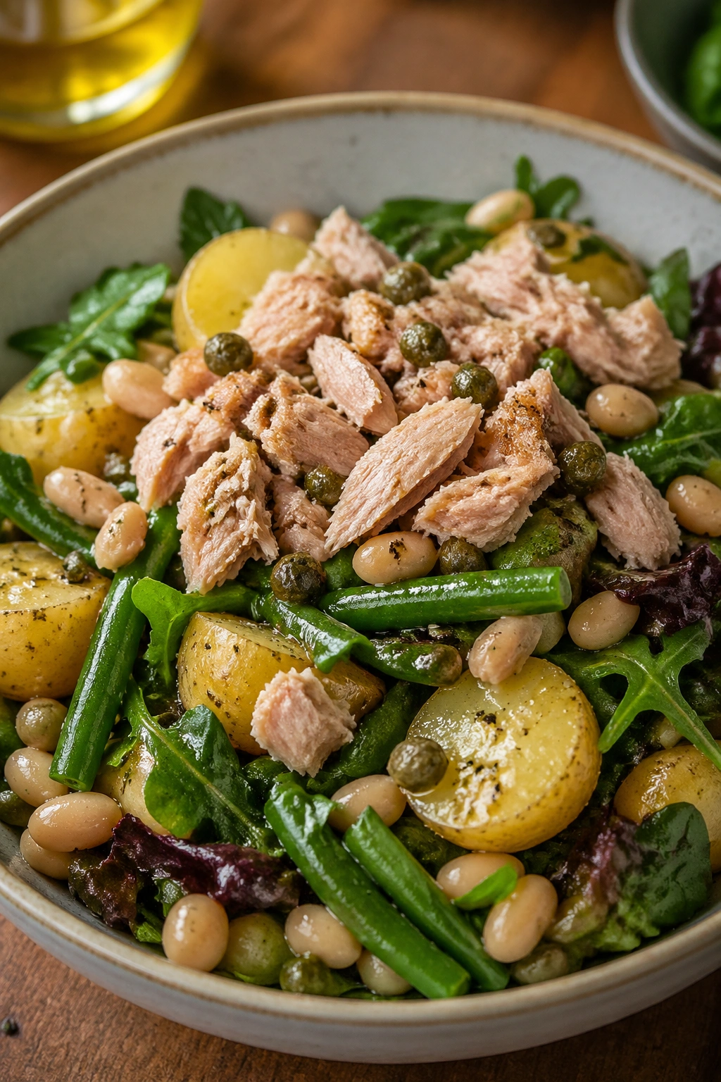 Close-up of tuna potato white bean recovery salad in a bowl with greens