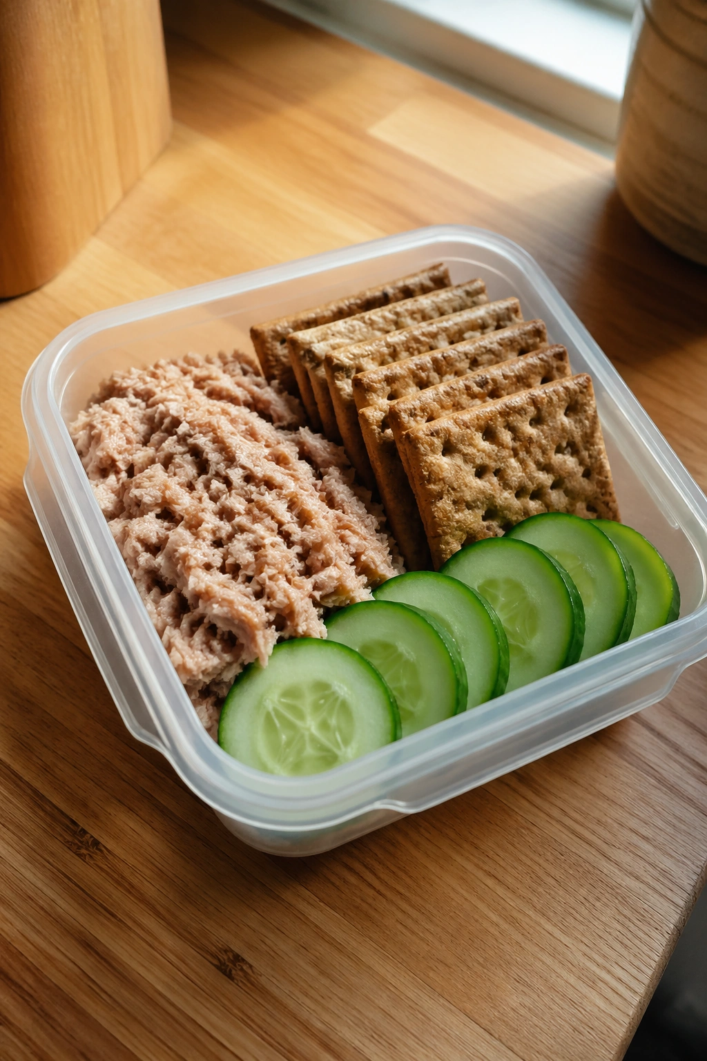 Close-up of tuna pouch with crackers and cucumber on a wooden desk