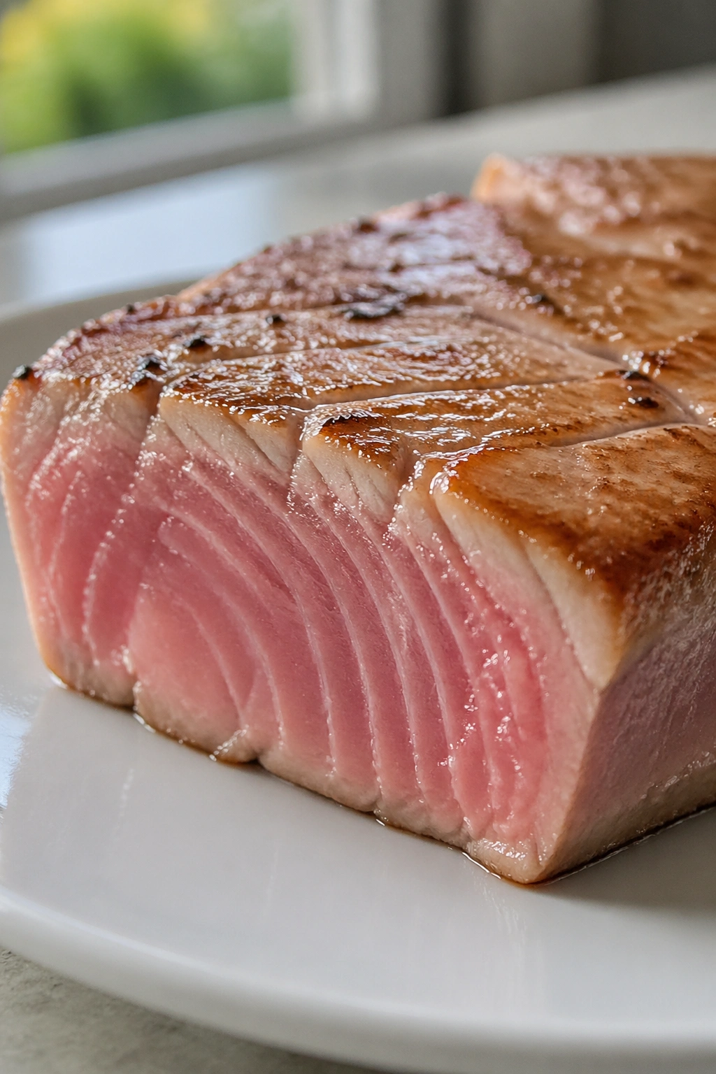 Close-up of a tuna steak slice on a white plate in a kitchen setting