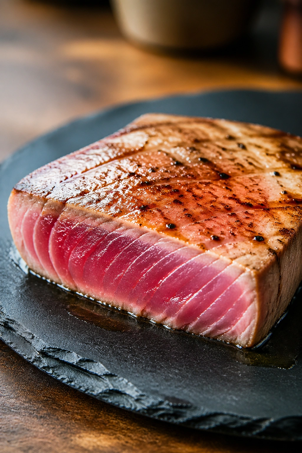 Close-up of seared tuna steak on plate with pink center