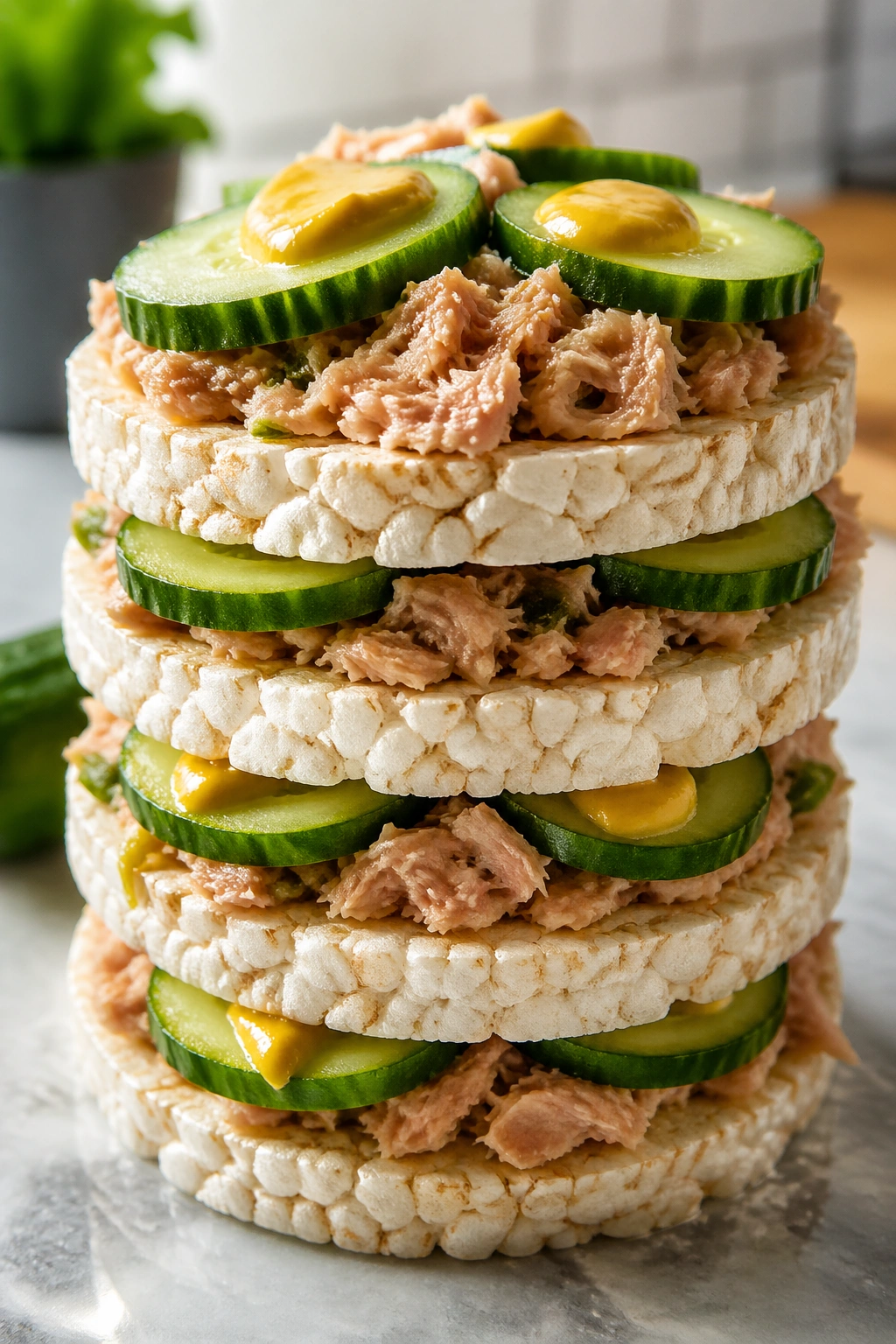 Close-up of a tuna rice cake stack with cucumber on top