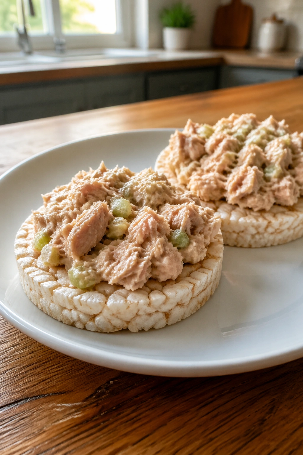 Close-up of two tuna-topped rice cakes on a plate in a kitchen