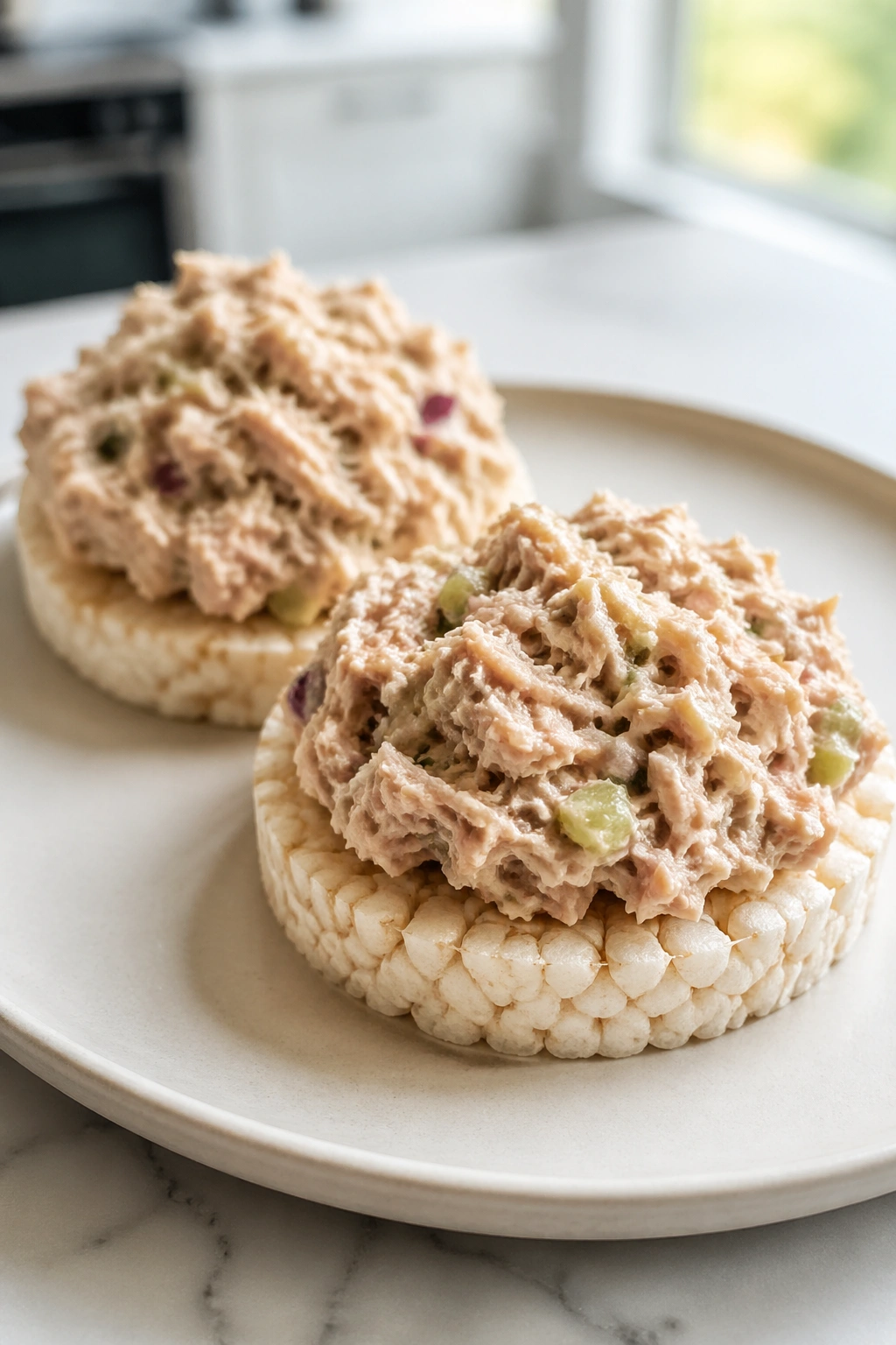 Close-up of tuna salad on two rice cakes on a plate