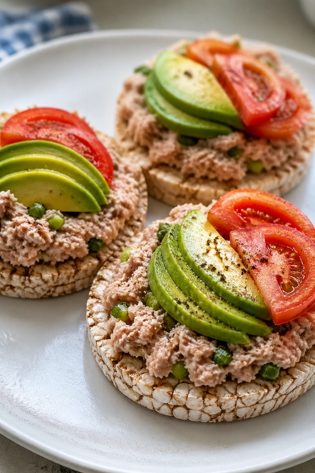 Rice cakes with tuna, avocado, and tomato on plate
