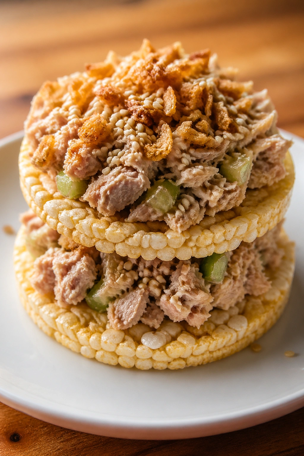 Close-up of tuna rice cakes with crunchy toppings on a plate