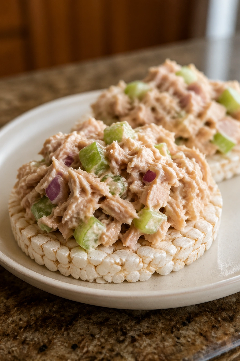 Close-up of tuna salad on rice cakes on a plate