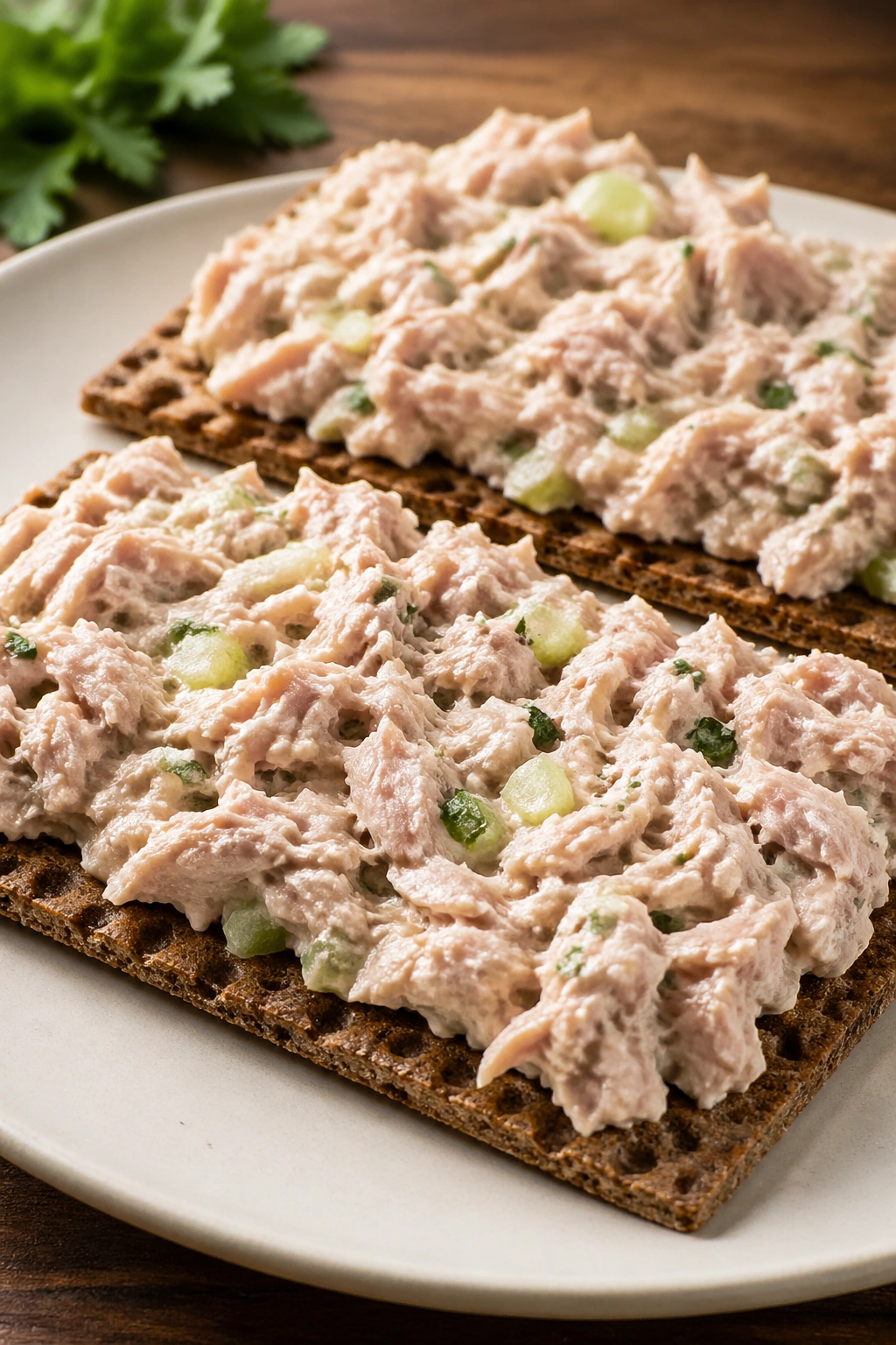 Close-up of tuna salad on rye crispbreads.