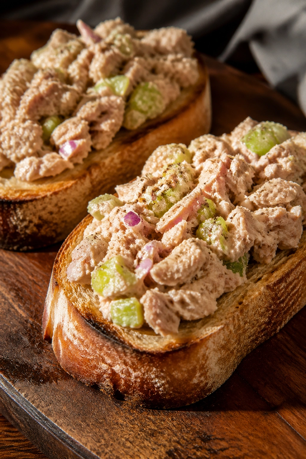 Tuna on sourdough toast slices on wooden board