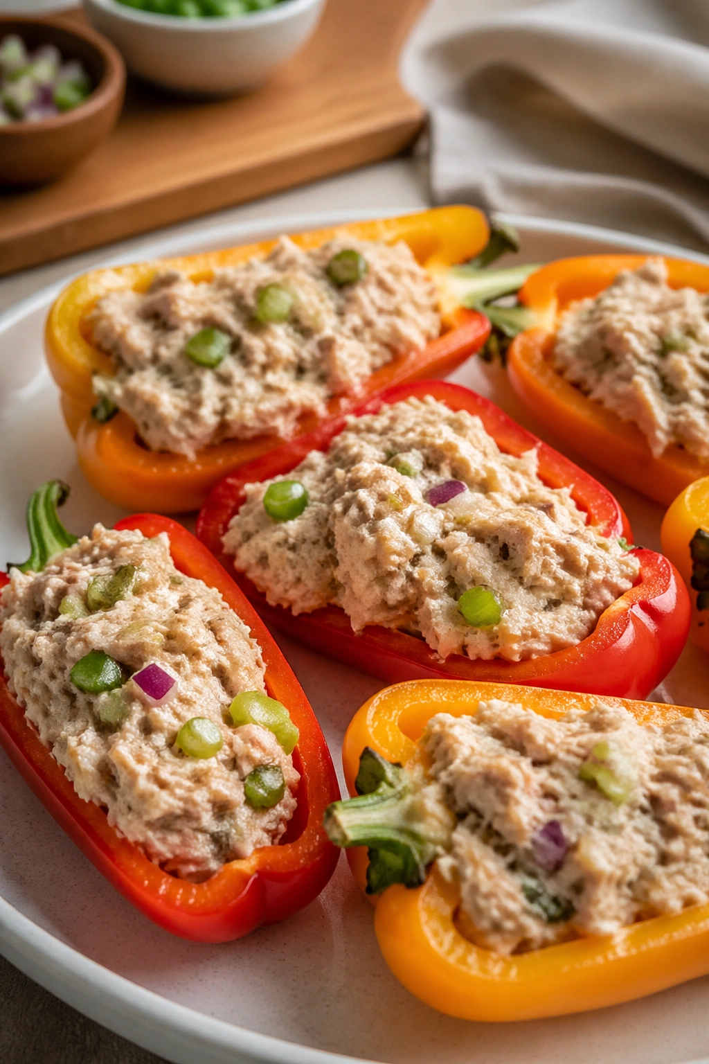 Mini peppers stuffed with tuna filling on a plate