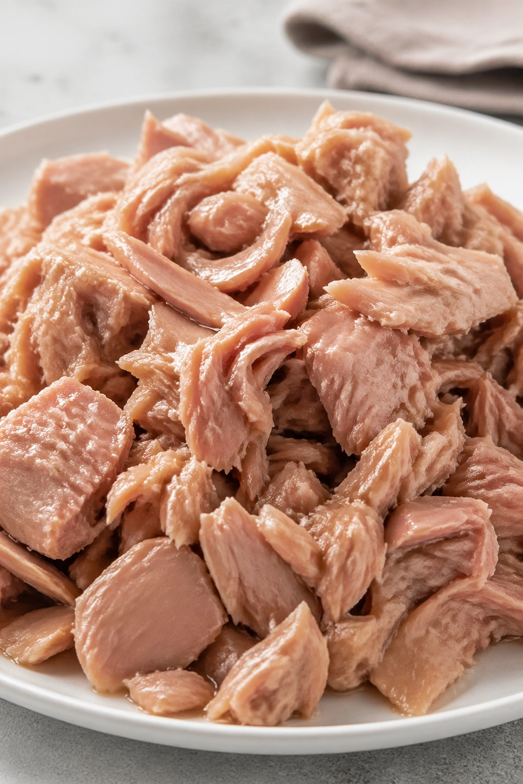 Close-up of a mound of tuna flakes on a plate in a kitchen setting.