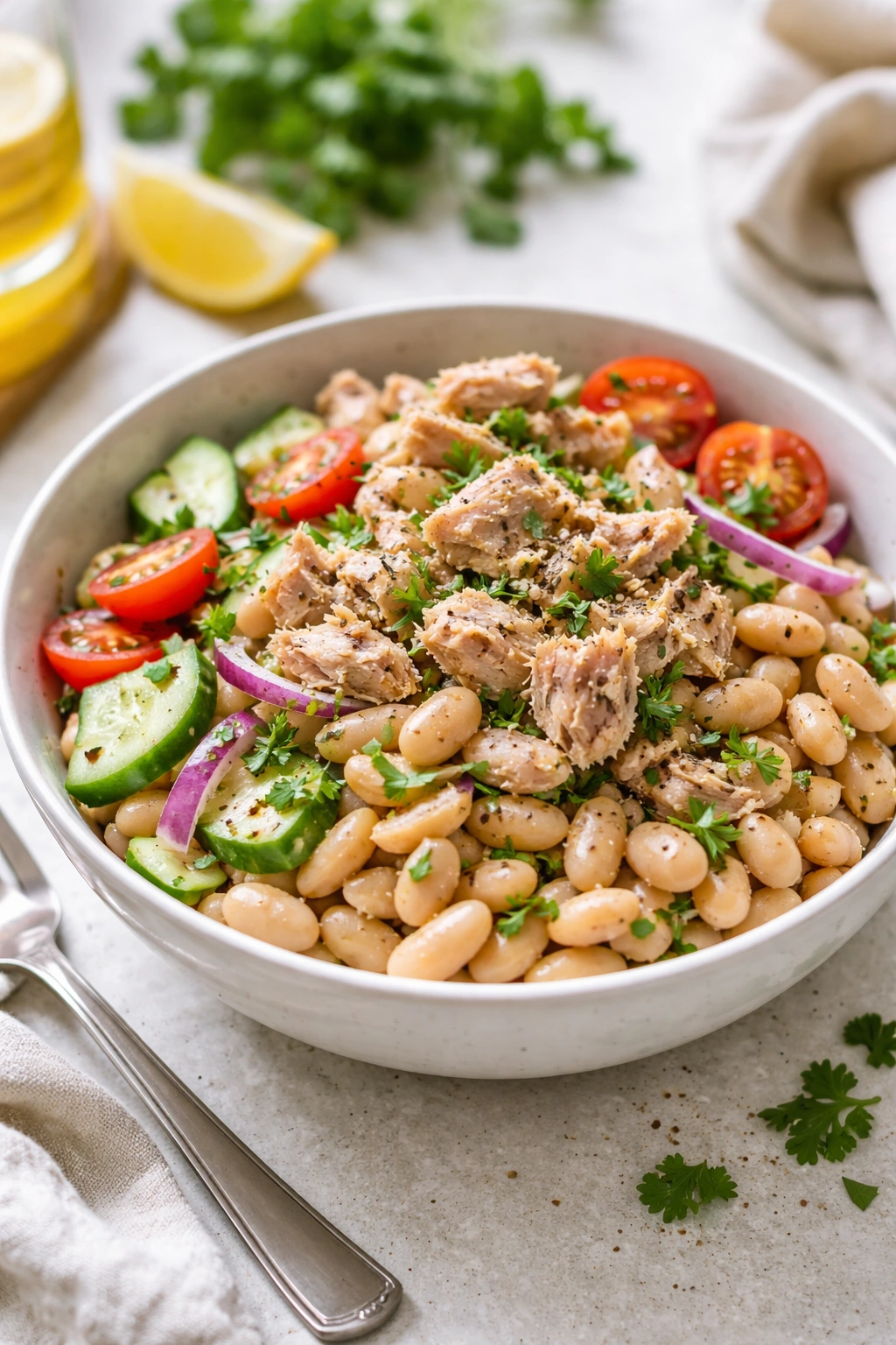 Bright bowl of tuna and white beans with olive oil and parsley on a kitchen counter.